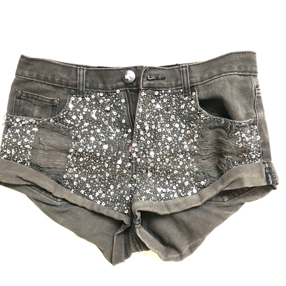 One TeaSpoon Dark Green Jean Shorts Sequined Front Size 6